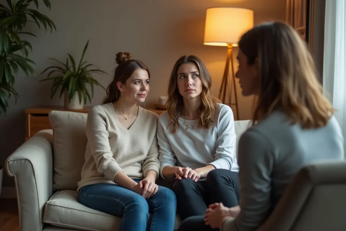 couple discussing relationship issues while therapist observes emotional communication patterns